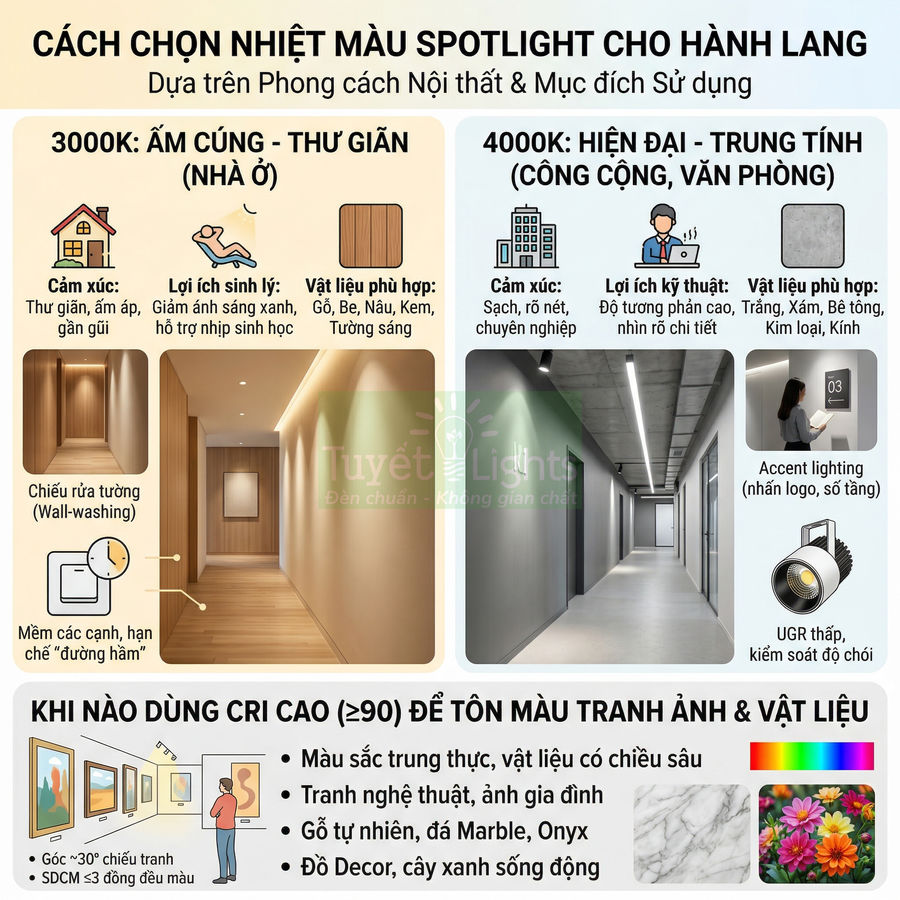 Infographic hướng dẫn chọn nhiệt màu đèn spotlight cho hành lang 3000K ấm cúng và 4000K trung tính hiện đại