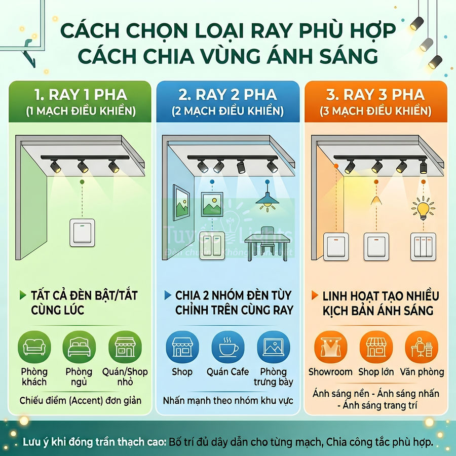 Hướng dẫn chọn ray đèn 1 pha 2 pha 3 pha và cách chia vùng ánh sáng cho phòng khách shop showroom