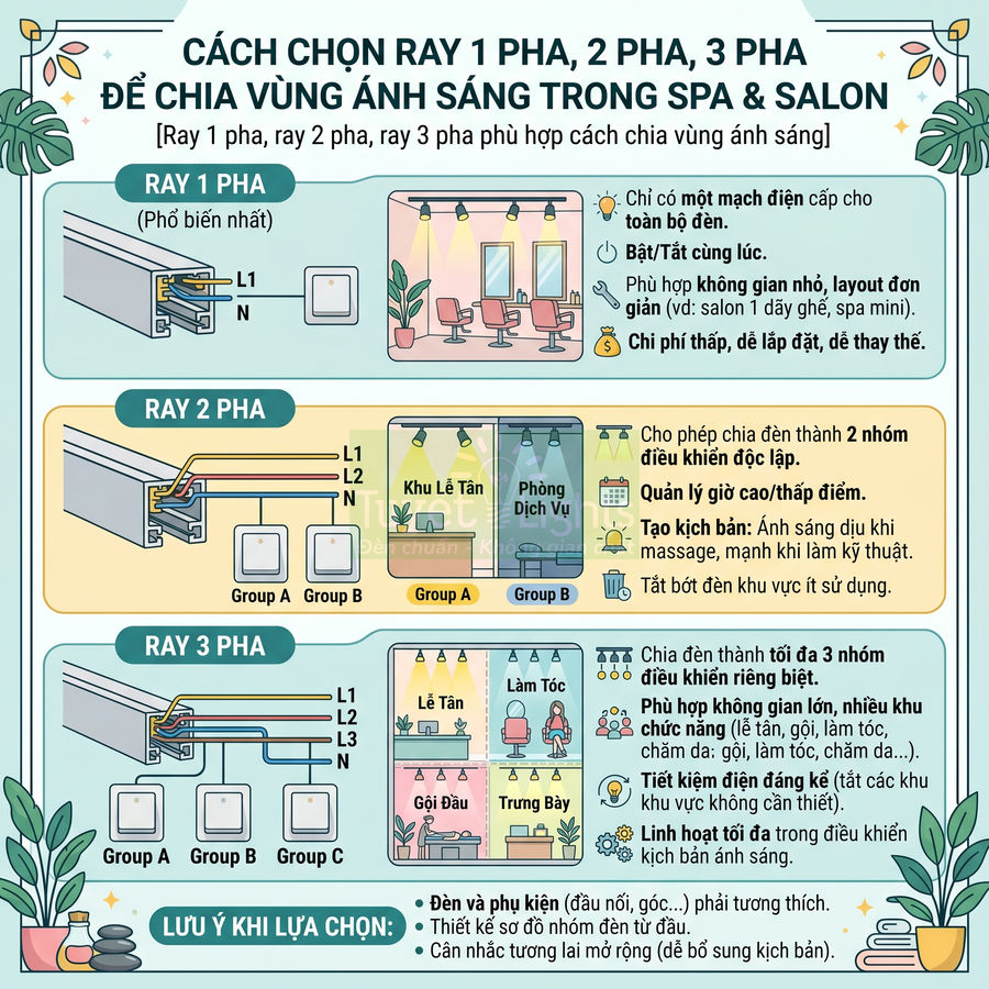 Hướng dẫn chọn ray đèn 1 pha 2 pha 3 pha để chia vùng ánh sáng trong spa và salon