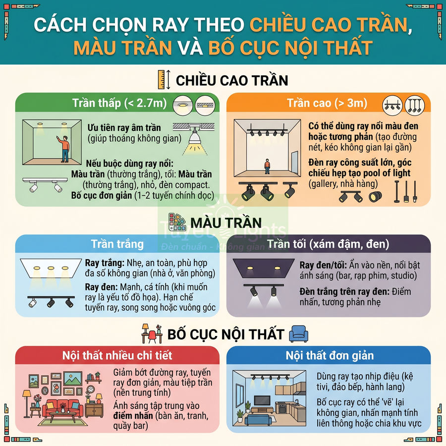 Infographic hướng dẫn chọn ray đèn chiếu sáng theo chiều cao trần, màu trần và bố cục nội thất