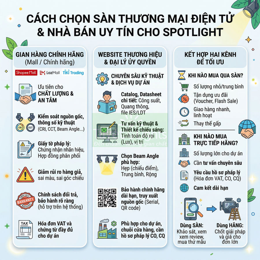 Hướng dẫn chọn sàn thương mại điện tử và nhà bán uy tín để mua đèn spotlight an toàn, chất lượng