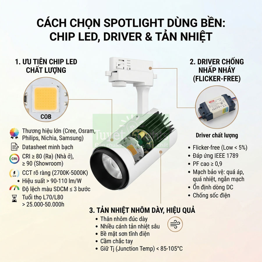 Đèn spotlight LED COB trắng với driver chống nhấp nháy và tản nhiệt nhôm dày, thông số kỹ thuật chi tiết