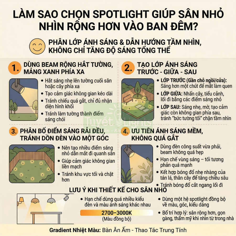 Hướng dẫn chọn đèn spotlight chiếu sáng sân vườn nhỏ ban đêm với minh họa bố trí ánh sáng hợp lý
