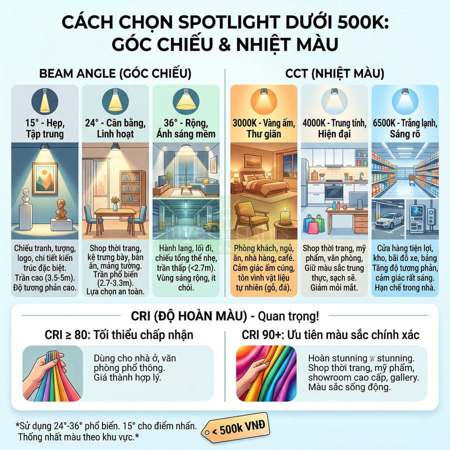 Infographic hướng dẫn chọn đèn spotlight dưới 500k theo góc chiếu, nhiệt màu và chỉ số CRI cho từng không gian
