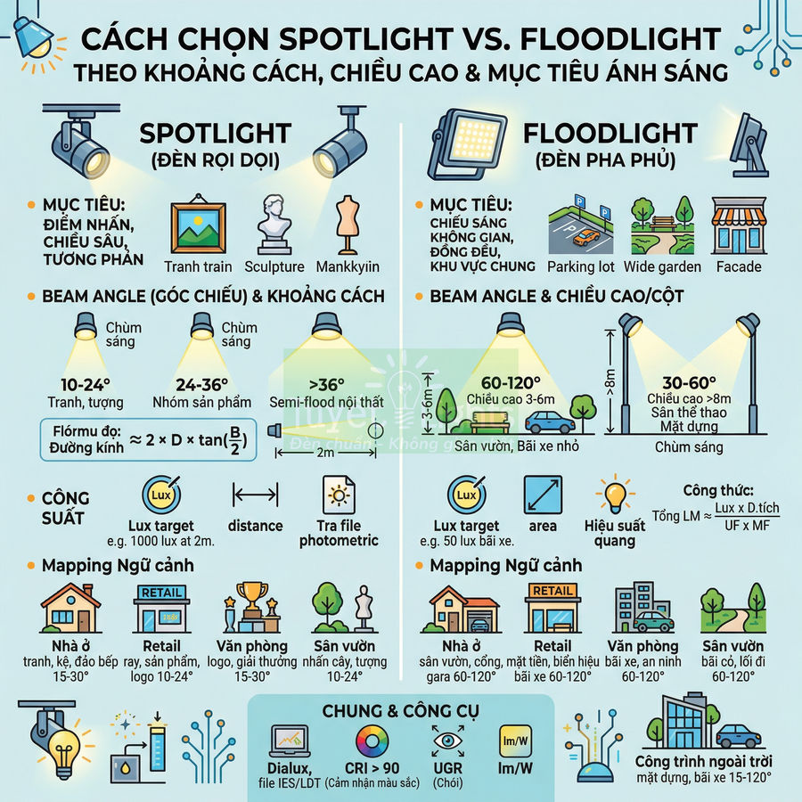 Infographic hướng dẫn chọn đèn spotlight và floodlight theo khoảng cách, chiều cao và mục tiêu chiếu sáng