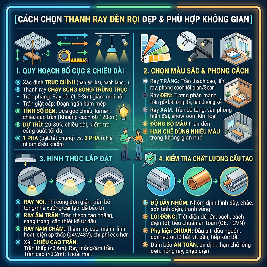 Hướng dẫn chọn thanh ray đèn rọi đẹp, phù hợp không gian với bố cục, màu sắc, lắp đặt và chất lượng cấu tạo