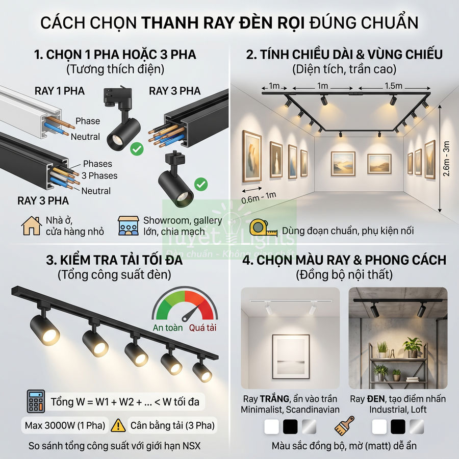 Hướng dẫn chọn thanh ray đèn rọi trần nhà, tính tải tối đa và phối màu ray phù hợp không gian nội thất