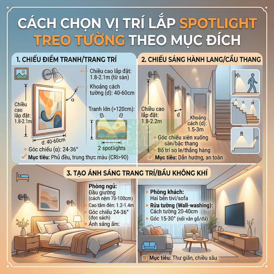 Hướng dẫn chọn vị trí lắp đèn spotlight treo tường cho tranh, hành lang, phòng ngủ và phòng khách