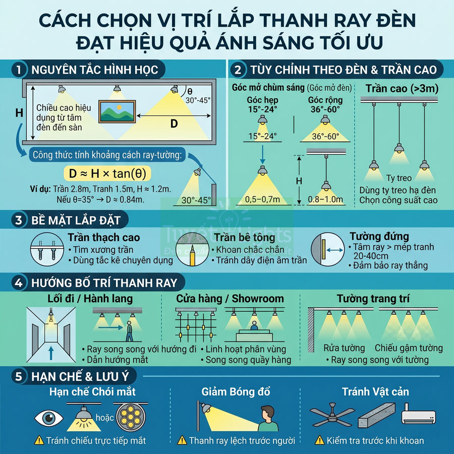 Hướng dẫn chọn vị trí lắp thanh ray đèn chiếu sáng trần nhà tối ưu cho hành lang, cửa hàng và tường trang trí