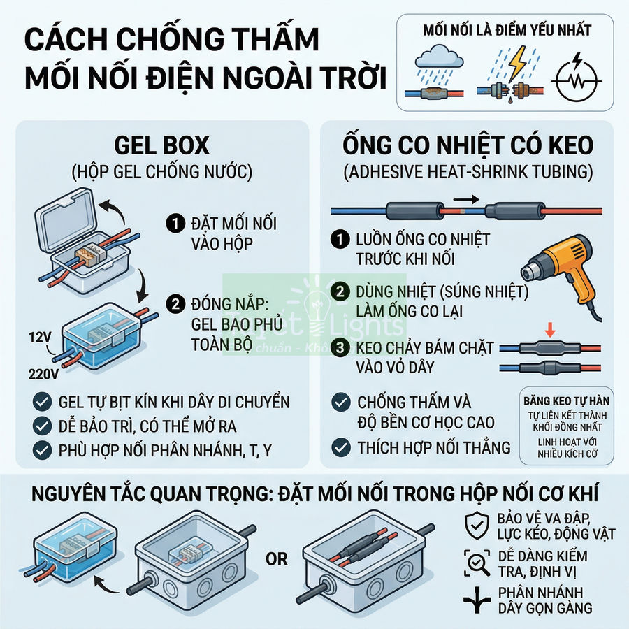 Hướng dẫn chống thấm mối nối điện ngoài trời bằng hộp gel chống nước và ống co nhiệt có keo