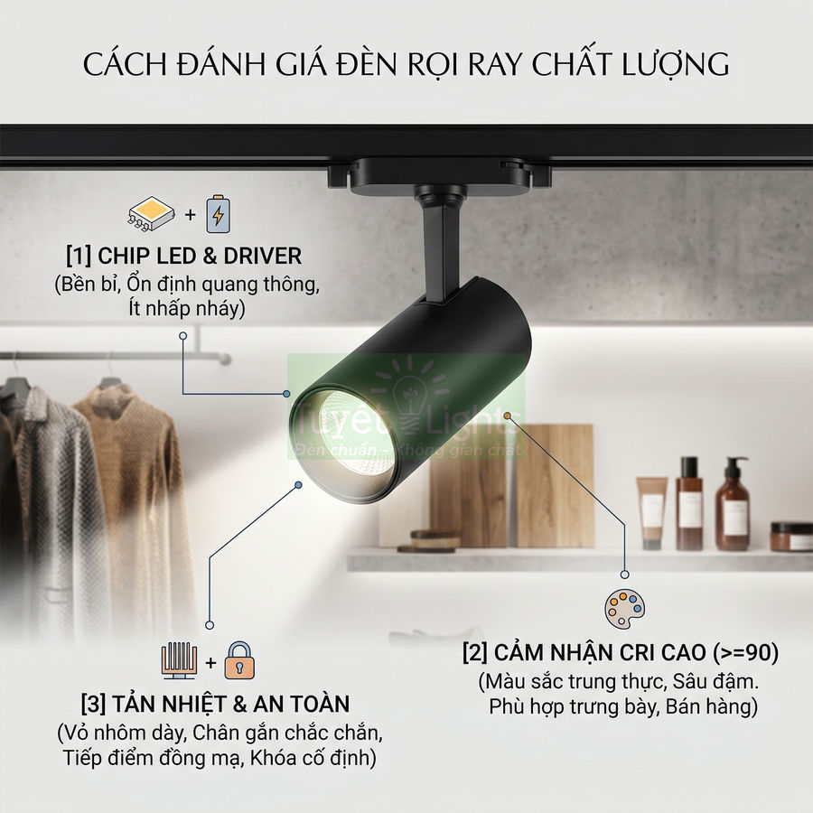 Đèn rọi ray LED màu đen chiếu sáng tủ quần áo và kệ trang trí trong không gian nội thất hiện đại
