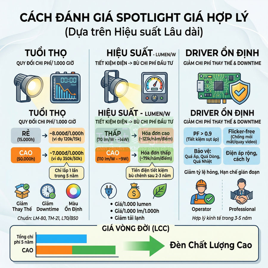 Infographic hướng dẫn cách đánh giá và chọn đèn spotlight LED chất lượng cao dựa trên tuổi thọ, hiệu suất và driver ổn định
