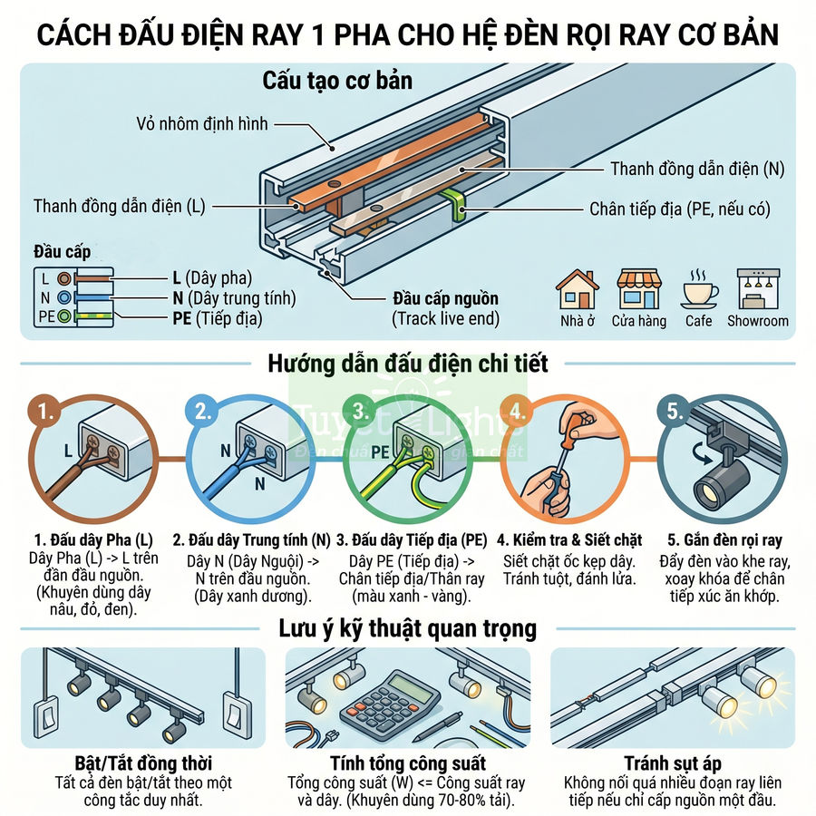 Hướng dẫn đấu điện ray 1 pha cho hệ đèn rọi ray cơ bản kèm lưu ý kỹ thuật an toàn
