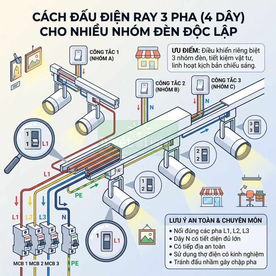 Sơ đồ đấu điện ray 3 pha 4 dây cho nhiều nhóm đèn rọi độc lập trong cửa hàng và văn phòng