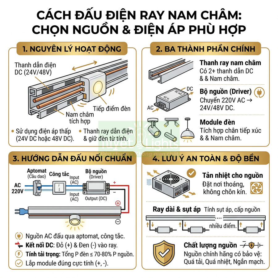Hướng dẫn đấu điện ray nam châm, chọn nguồn và điện áp cho hệ thống đèn ray nam châm DC