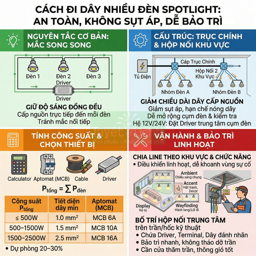 Hướng dẫn đi dây nhiều đèn spotlight LED mắc song song, tính công suất chọn dây cáp driver và cách vận hành bảo trì