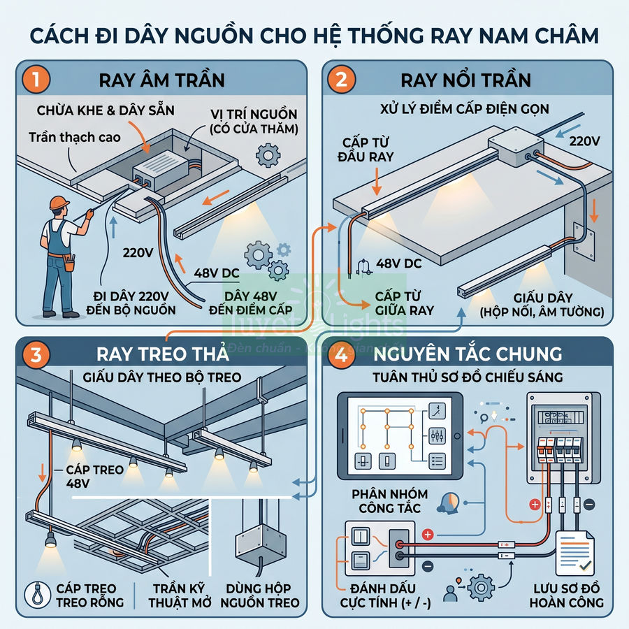 Hướng dẫn đi dây nguồn cho hệ thống ray nam châm âm trần, nổi trần và treo thả trong chiếu sáng nội thất