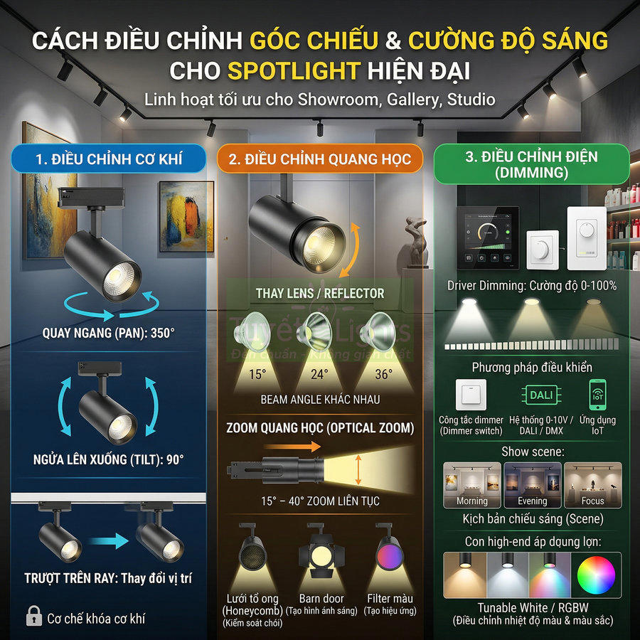 Hướng dẫn điều chỉnh góc chiếu và độ sáng cho đèn spotlight ray LED hiện đại trong showroom và studio