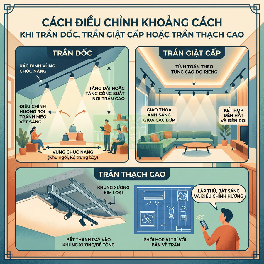 Hướng dẫn điều chỉnh khoảng cách lắp đèn rọi trần dốc, trần giật cấp và trần thạch cao trong phòng khách