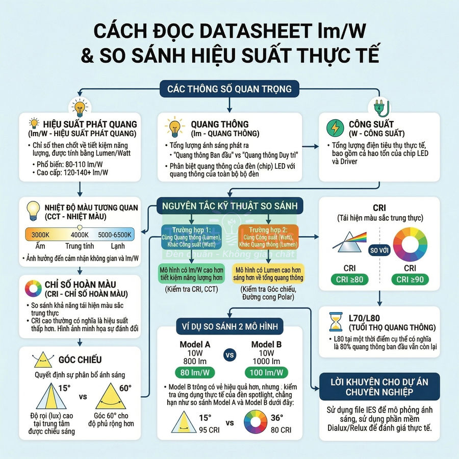 Infographic hướng dẫn cách đọc datasheet lmW và so sánh hiệu suất thực tế của đèn LED