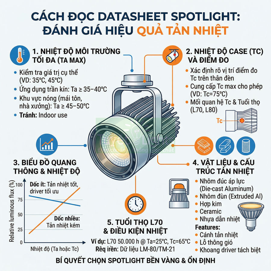 Infographic hướng dẫn đọc datasheet spotlight LED để đánh giá hiệu quả tản nhiệt và chọn đèn bền ổn định