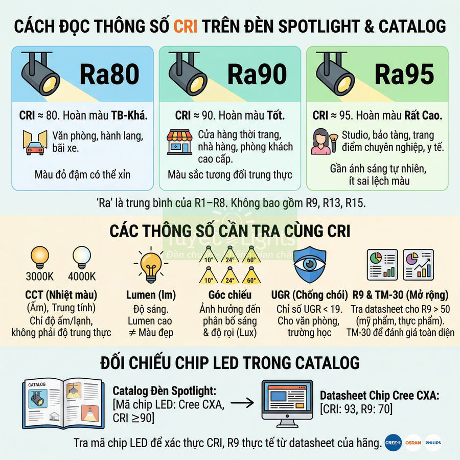 Infographic hướng dẫn đọc chỉ số CRI trên đèn LED spotlight, so sánh Ra80 Ra90 Ra95 và các thông số chiếu sáng