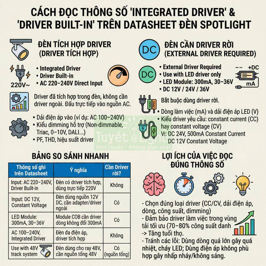 Infographic hướng dẫn đọc thông số driver tích hợp và driver rời cho đèn LED spotlight, so sánh ưu nhược điểm từng loại