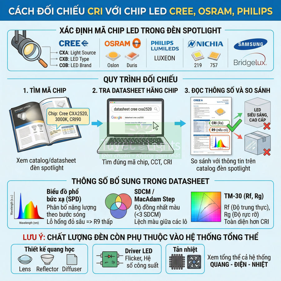 Hướng dẫn so sánh chỉ số CRI của chip LED Cree, Osram, Philips trong đèn spotlight và các thông số kỹ thuật liên quan