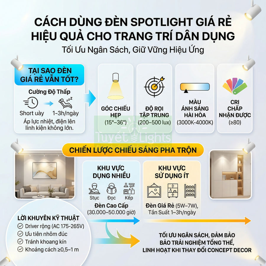 Hướng dẫn chọn và sử dụng đèn spotlight giá rẻ cho trang trí nội thất dân dụng, tối ưu ngân sách và hiệu ứng chiếu sáng