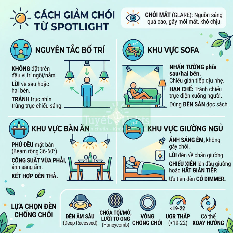 Hướng dẫn giảm chói đèn spotlight cho sofa, bàn ăn, giường ngủ và chọn đèn âm trần chống chói
