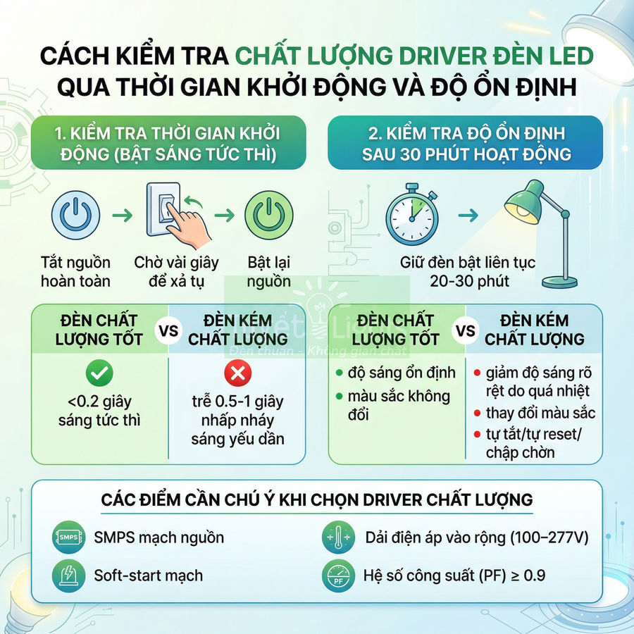 Hướng dẫn kiểm tra chất lượng driver đèn LED qua thời gian khởi động và độ ổn định sáng