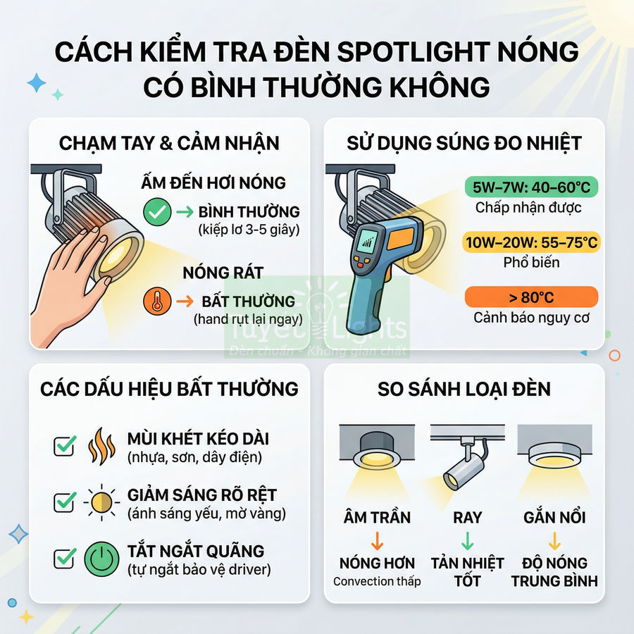 Hướng dẫn kiểm tra độ nóng đèn spotlight bằng tay, súng đo nhiệt và các dấu hiệu bất thường khi đèn quá nóng