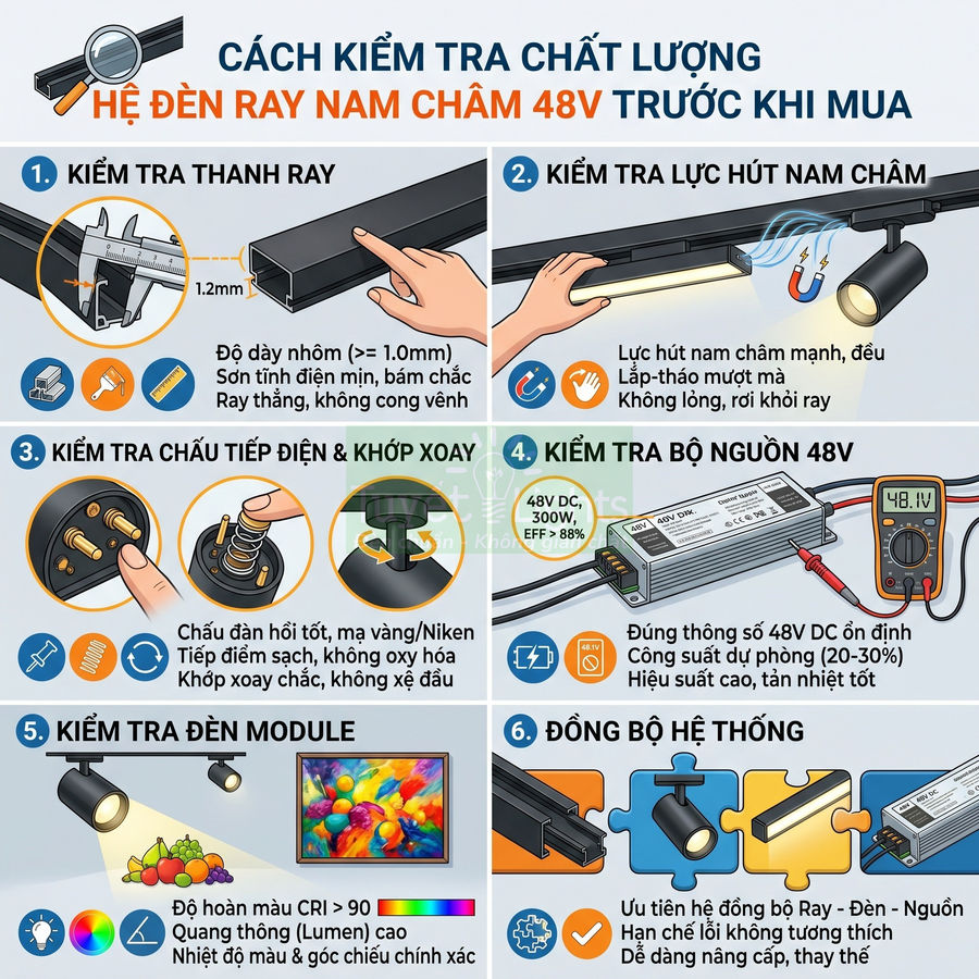 Hướng dẫn kiểm tra chất lượng hệ đèn ray nam châm 48V với thanh ray, đèn module và bộ nguồn