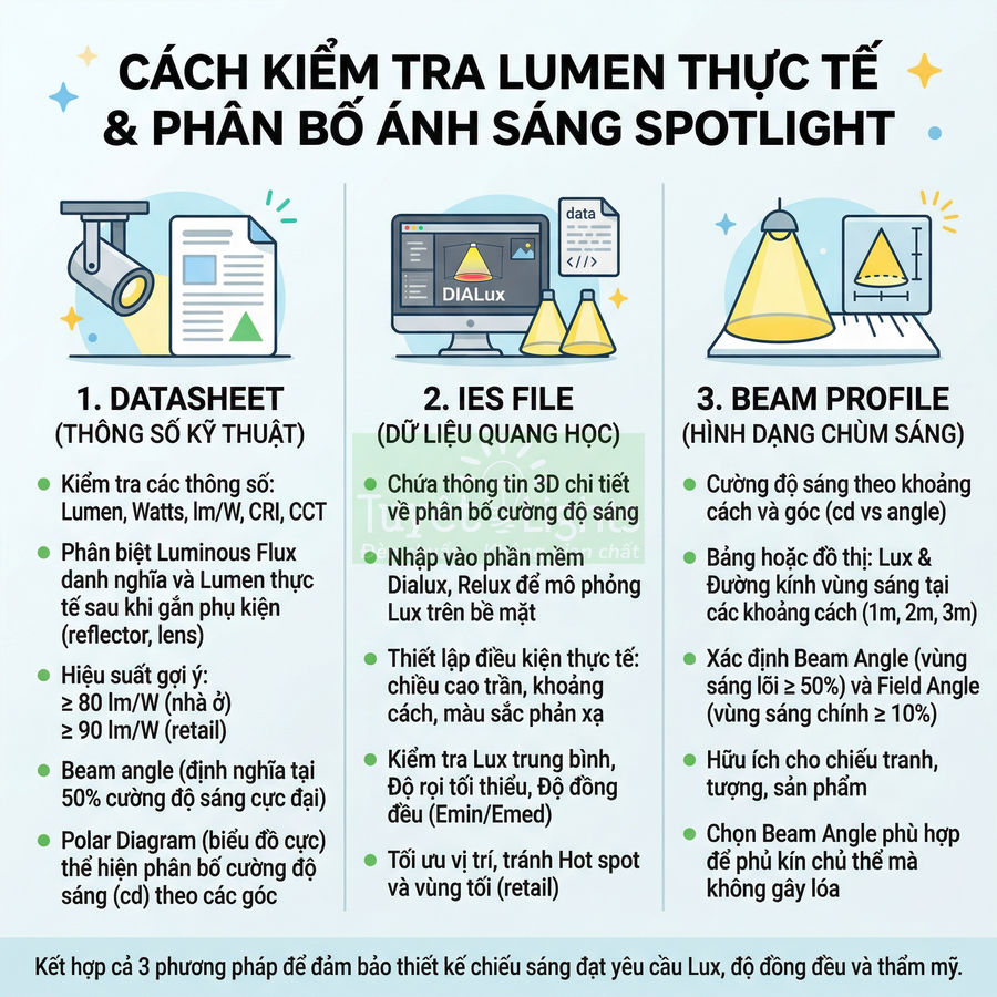 Hướng dẫn kiểm tra lumen thực tế và phân bố ánh sáng spotlight bằng datasheet, file IES và beam profile