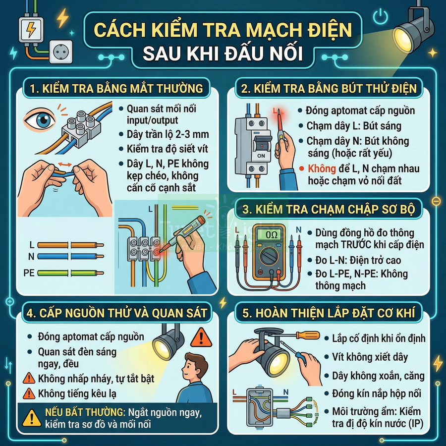 Hướng dẫn kiểm tra mạch điện sau khi đấu nối với hình minh họa từng bước an toàn điện