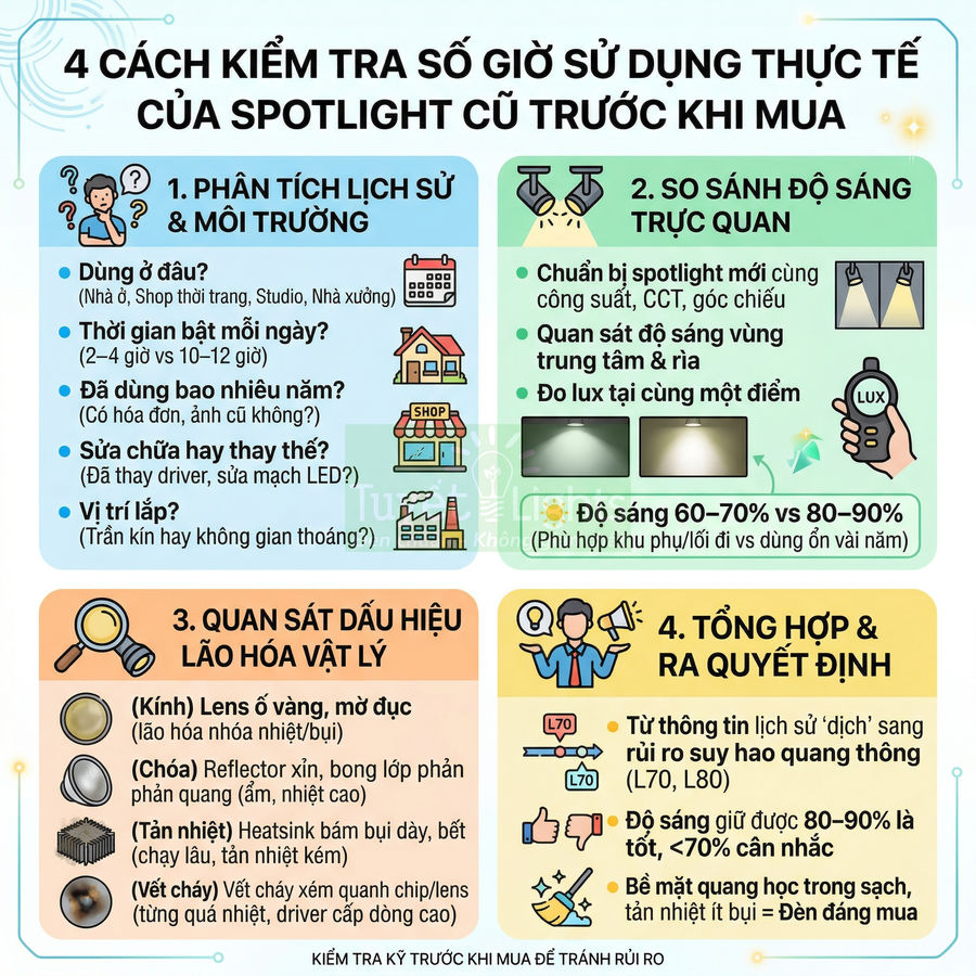 Hướng dẫn kiểm tra số giờ sử dụng thực tế của đèn spotlight cũ trước khi mua, kèm minh họa trực quan