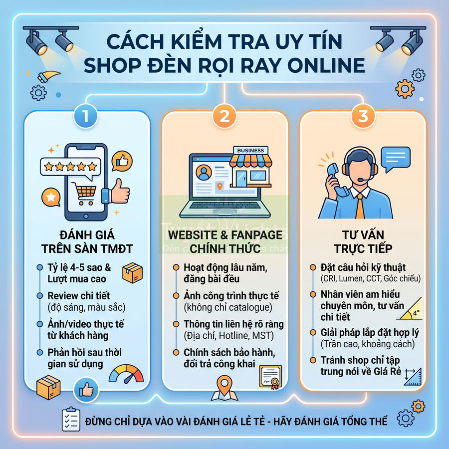 Hướng dẫn kiểm tra uy tín shop bán đèn rọi ray online qua đánh giá, website fanpage và tư vấn trực tiếp