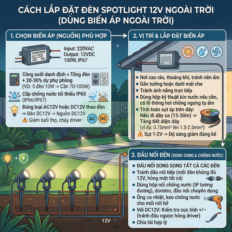 Hướng dẫn lắp đặt đèn spotlight 12V ngoài trời dùng biến áp và dây điện chống nước