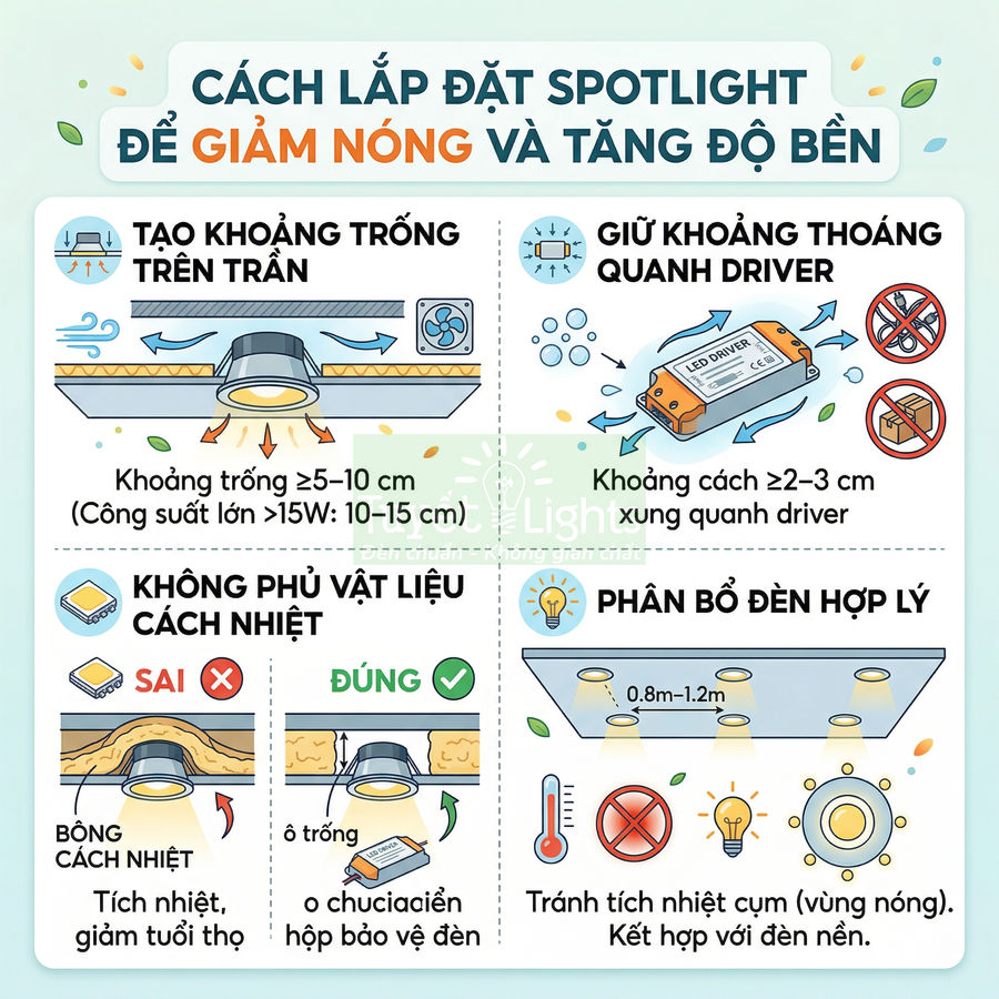 Hướng dẫn lắp đặt đèn spotlight âm trần và driver LED để giảm nóng, tăng độ bền và phân bổ ánh sáng hợp lý