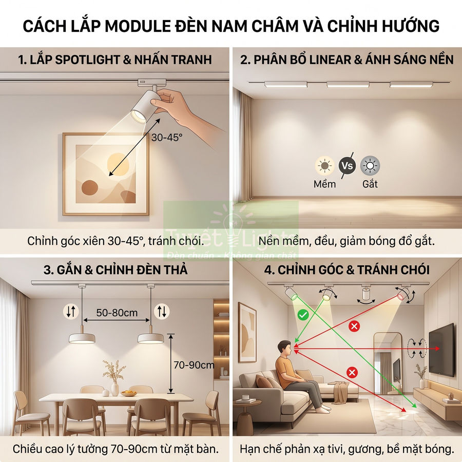 Hướng dẫn lắp đặt và chỉnh hướng đèn nam châm spotlight, linear và đèn thả trong phòng khách và phòng ăn