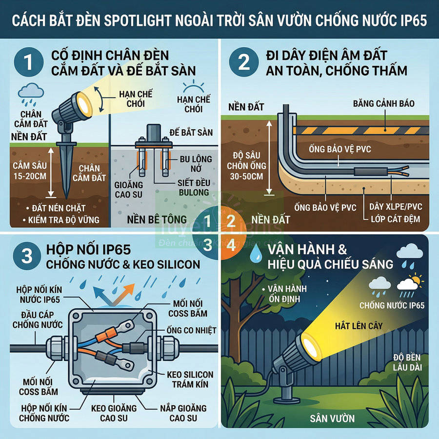Hướng dẫn lắp đặt đèn spotlight sân vườn ngoài trời chống nước IP65 chiếu sáng cây và lối đi