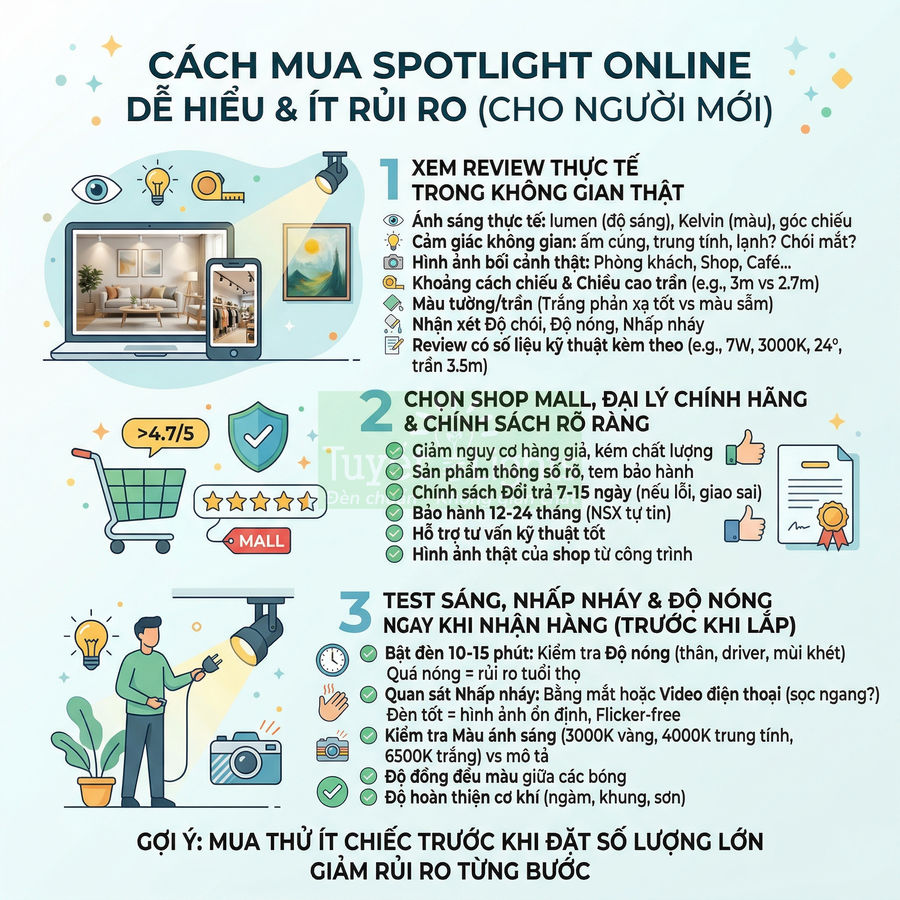 Infographic hướng dẫn cách mua đèn spotlight online an toàn cho người mới với các bước chi tiết