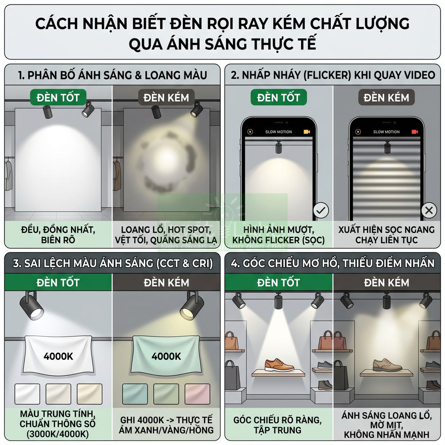 Hướng dẫn so sánh đèn rọi ray tốt và kém chất lượng qua phân bố ánh sáng, nhấp nháy, màu và góc chiếu
