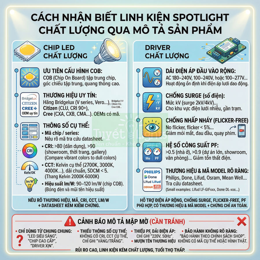 Hướng dẫn nhận biết linh kiện đèn spotlight chất lượng qua chip LED và driver, thông số kỹ thuật và cảnh báo mô tả mập mờ