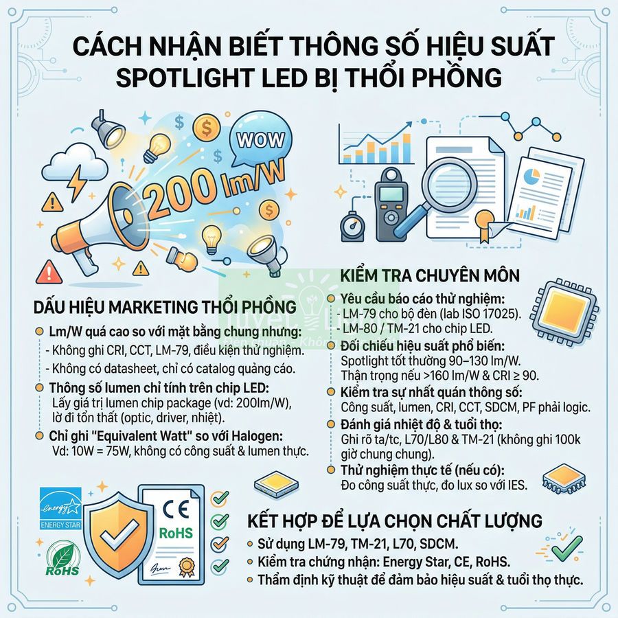 Infographic hướng dẫn cách nhận biết thông số hiệu suất spotlight LED bị thổi phồng và tiêu chí chọn đèn LED chất lượng