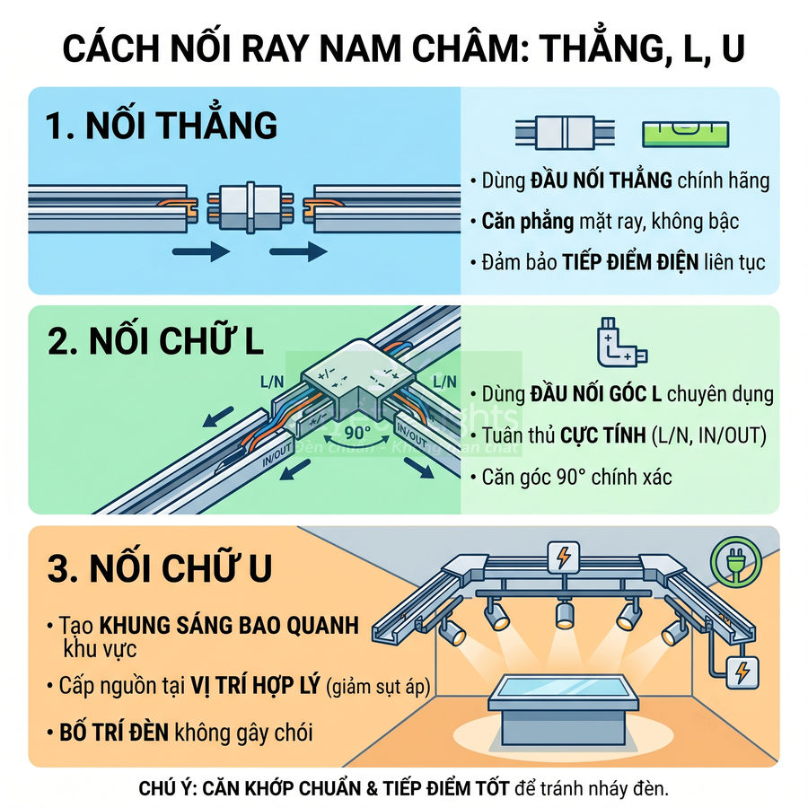 Hướng dẫn cách nối ray nam châm đèn chiếu sáng dạng thẳng, góc L và chữ U cho hệ thống đèn ray