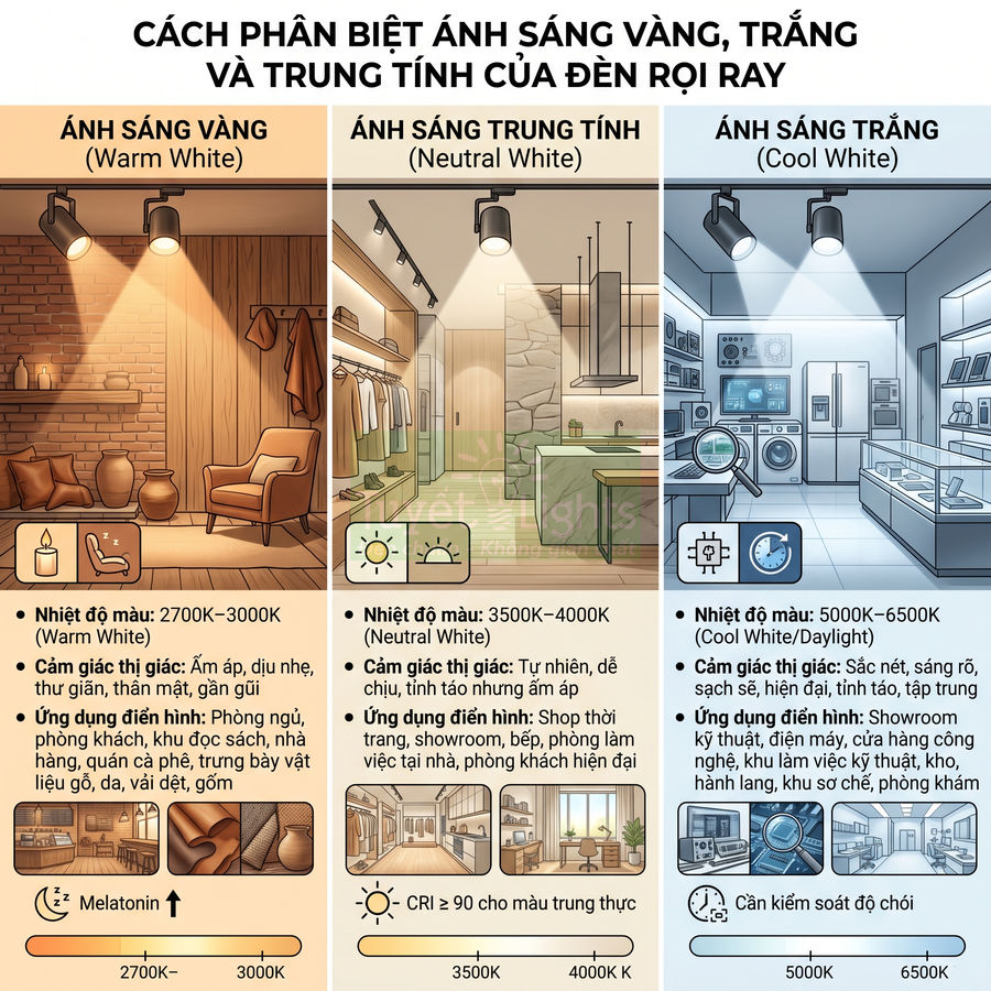 So sánh ánh sáng vàng, trung tính và trắng của đèn rọi ray cho phòng khách, cửa hàng và showroom