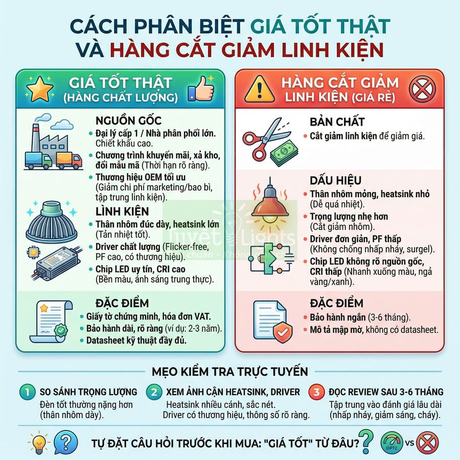 Infographic so sánh giá tốt thật và hàng cắt giảm linh kiện cho đèn LED, hướng dẫn nhận biết chất lượng