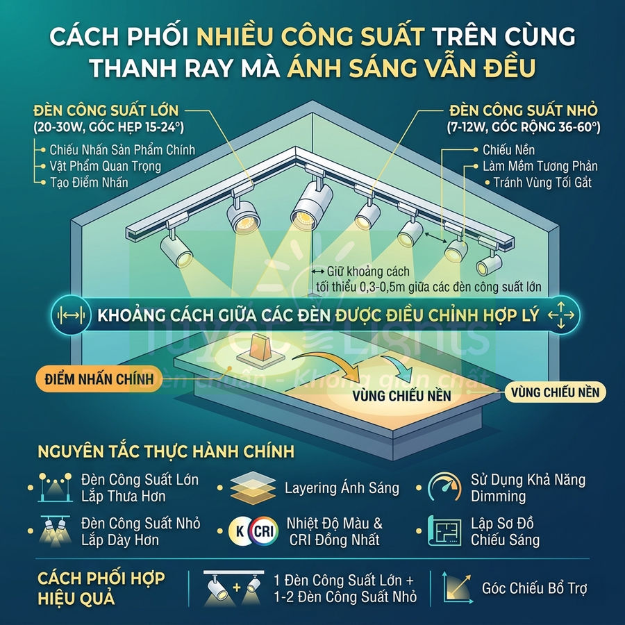 Minh họa cách bố trí nhiều đèn rọi ray công suất lớn nhỏ để chiếu sáng đều cho sản phẩm trưng bày