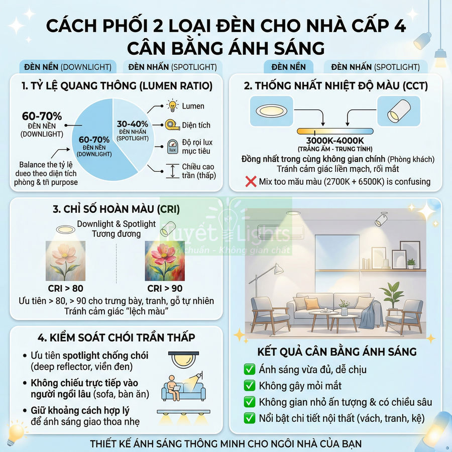 Hướng dẫn phối đèn downlight và spotlight cho nhà cấp 4 để cân bằng ánh sáng, chống chói và bảo vệ mắt